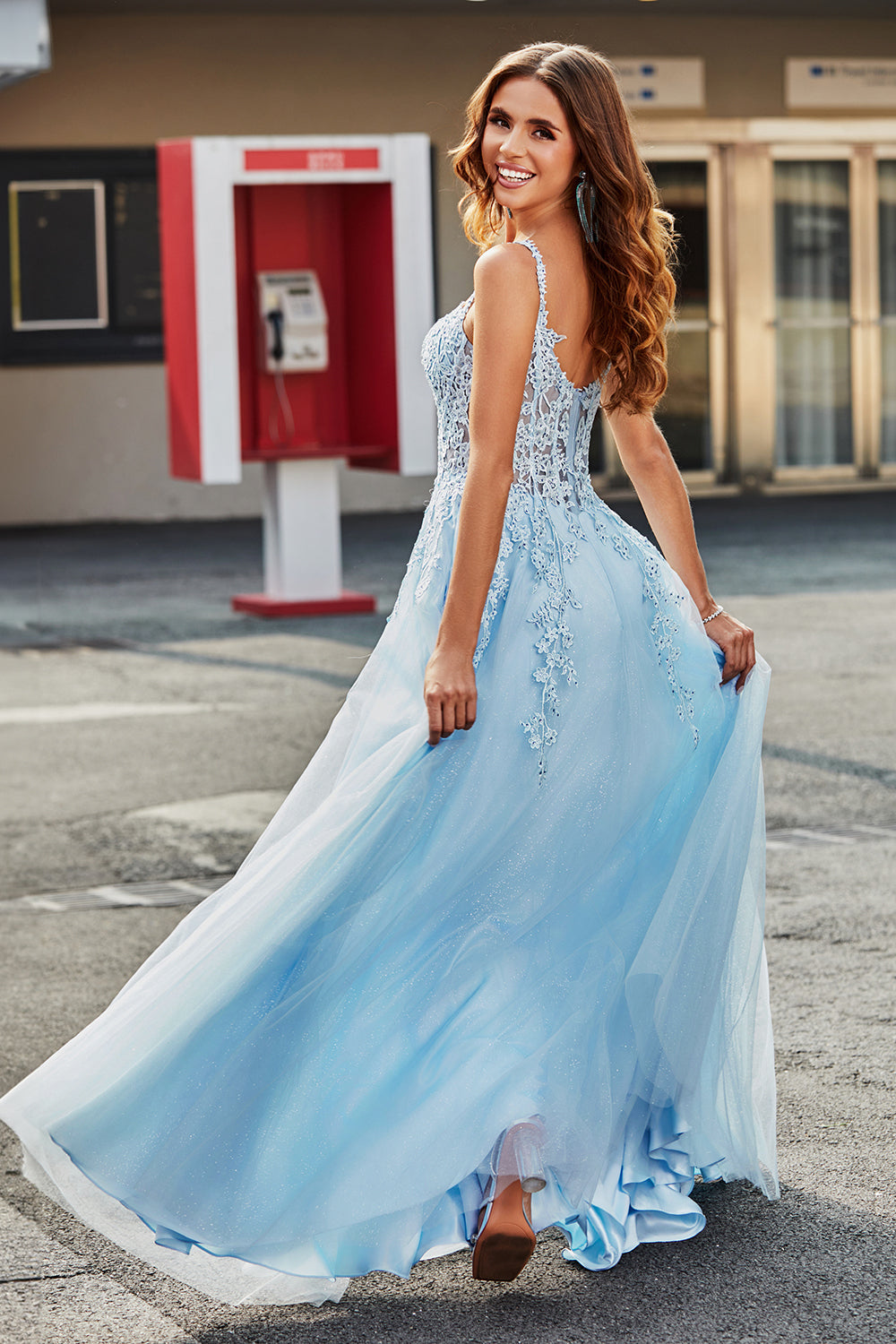 Light Blue A Line Spaghetti Straps Long Corset Prom Dress With Appliques