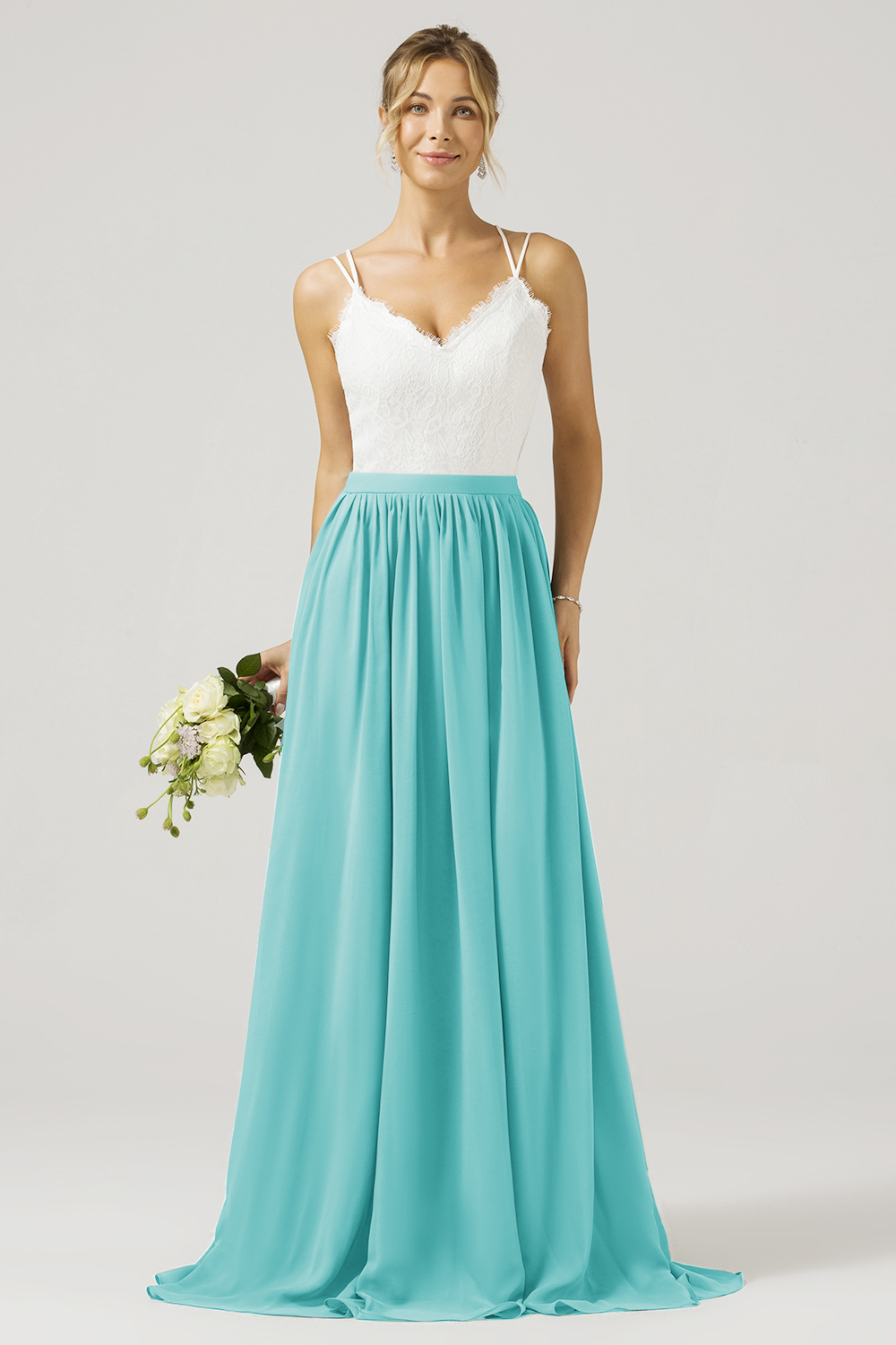 Eucalyptus A-Line Spaghetti Straps Pleated Long Bridesmaid Dress With Lace