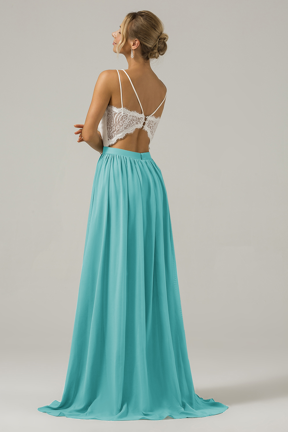 Eucalyptus A-Line Spaghetti Straps Pleated Long Bridesmaid Dress With Lace