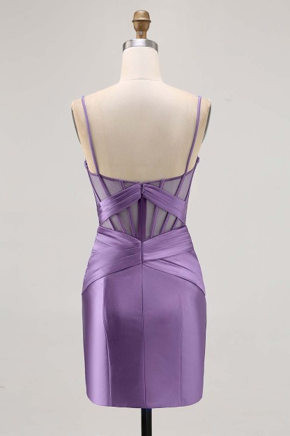 Satin Tight Royal Blue Ruched Corset Short Homecoming Dress with Slit