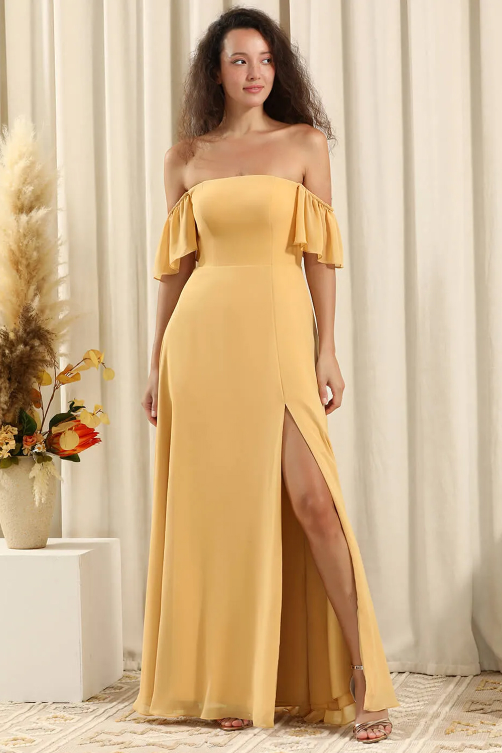 Off the Shoulder A-line Long Chiffon Split Bridesmaid Dress
