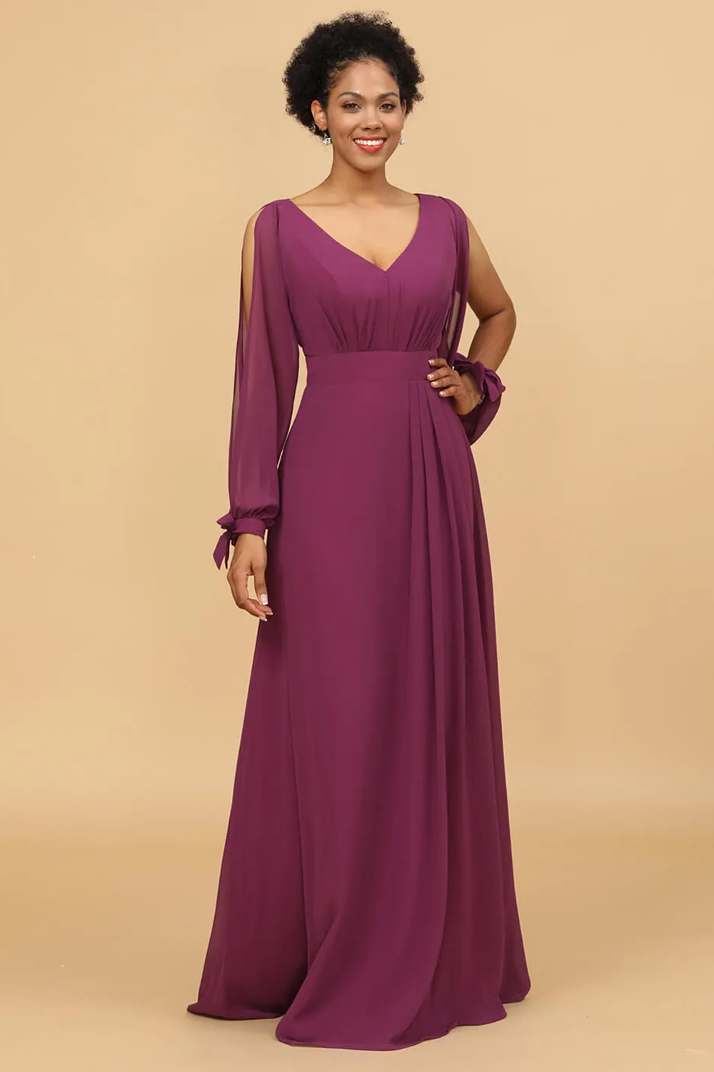 Long Sleeves A-line V-neck Key Hole Back Chiffon Maxi Bridesmaid Dress