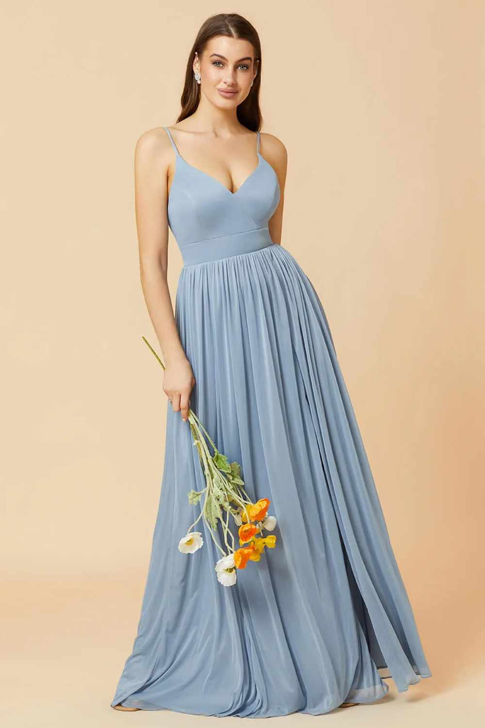 V-neck Spaghetti Strap Open Back Chiffon Bridesmaid Dress