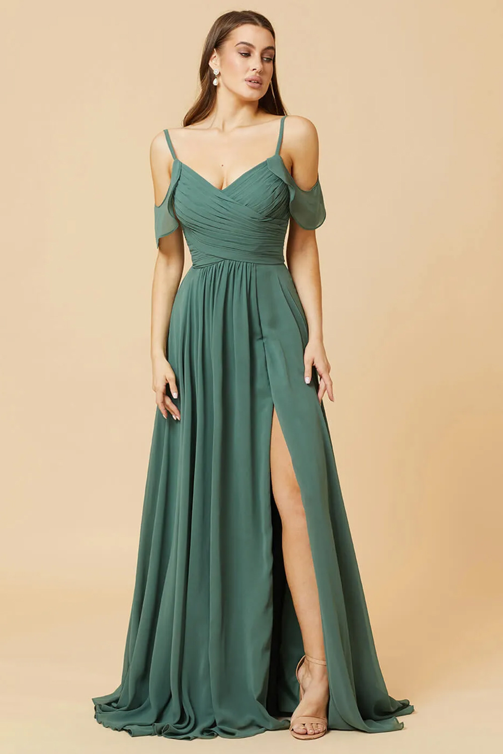 Floor Length V-neck Open Shoulder Sleeve Chiffon Bridesmaid Dress