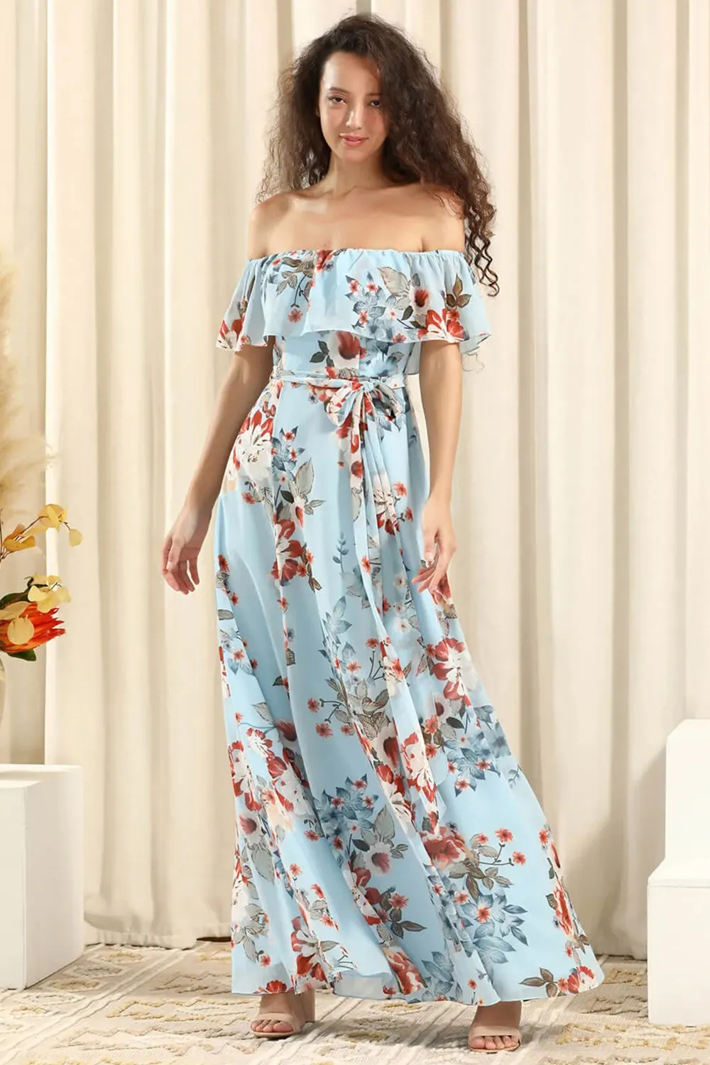 Blue Flower Printing Off the Shoulder A-line Slit Long Chiffon Bridesm