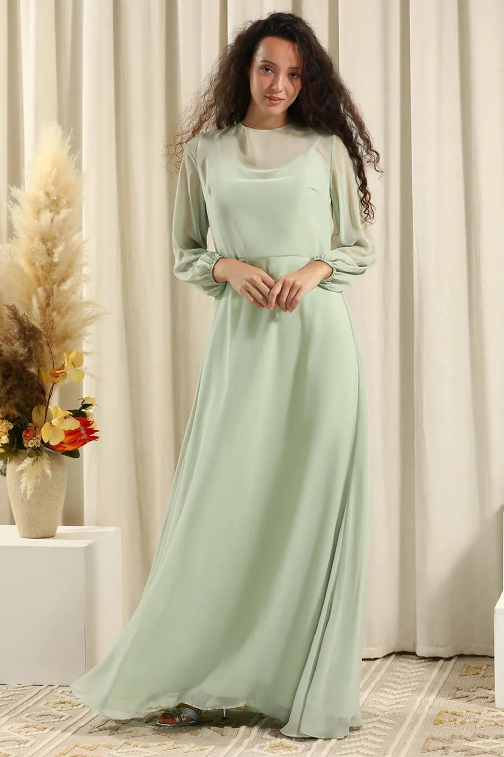 Long Sleeve A-line Chiffon Keyhole Back Bridesmaid Dress