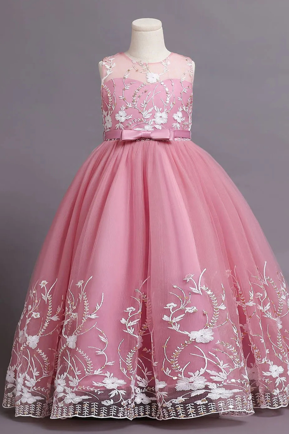 A-line Illusion A-line Tulle Appliques Flower Girl Dress With Bow