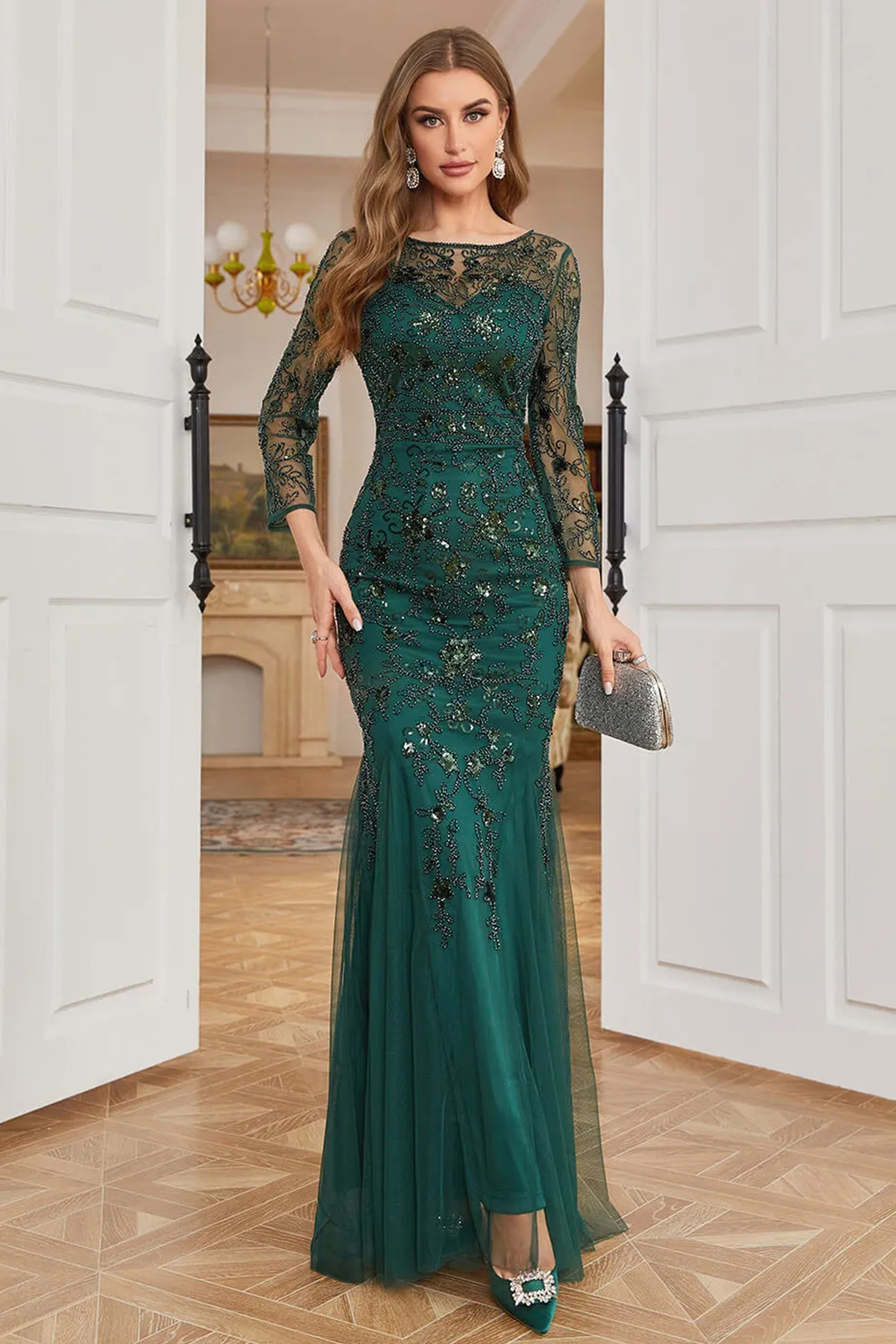 Dark Green Beaded Trumpet Long Sleeves Party Mom of Bride Dress