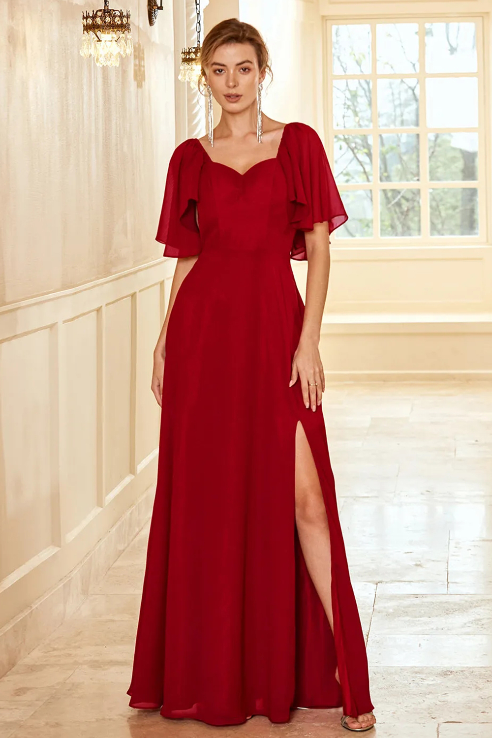 Boho A-Line Open Back Chiffon Long Split Bridesmaid Dress with Ruffles Party Gowns|Leely