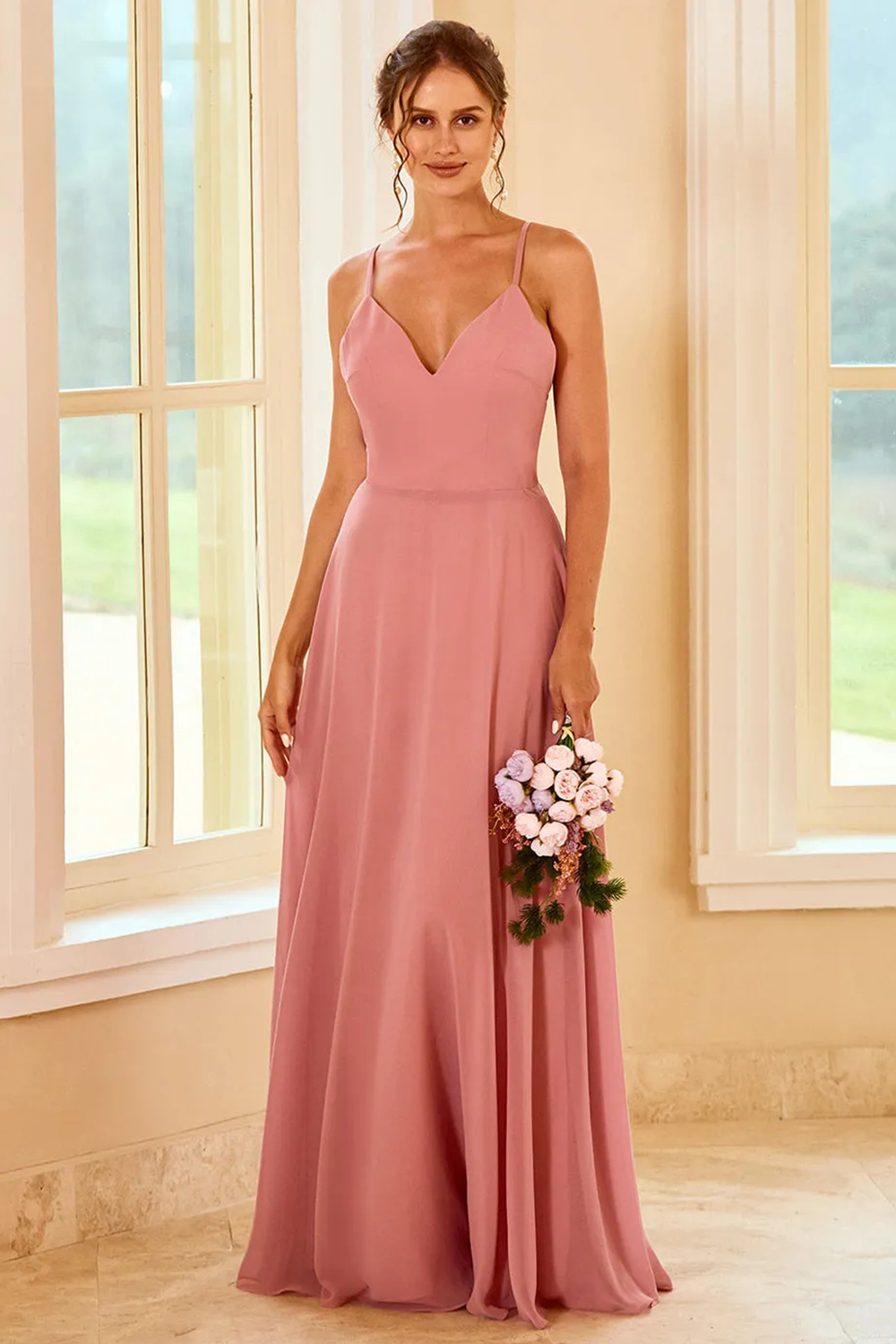 A-line Long Backless Lace-up Back Chiffon V Neck Slip Bridesmaid Dress