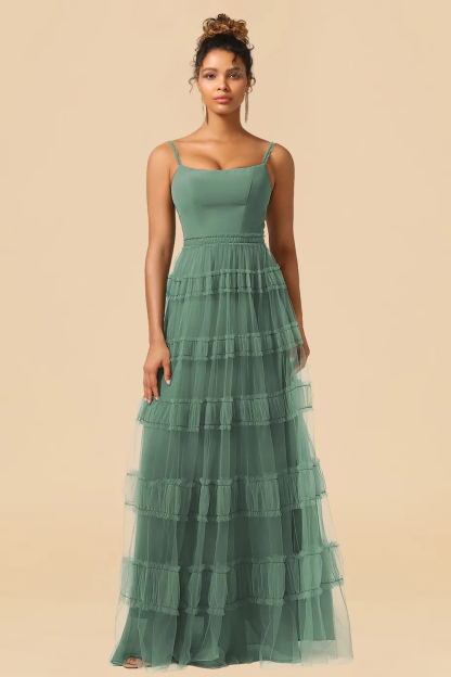 Tulle Spaghetti Strap A-line Floor Length Bridesmaid Dress