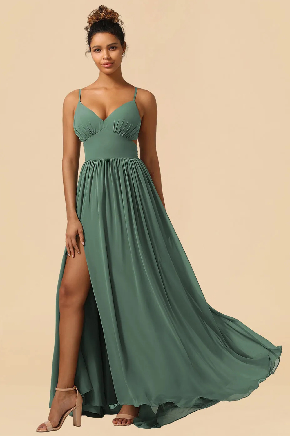 Chiffon Spaghetti Strap V-neck A-line Maxi Bridesmaid Dress with Slit
