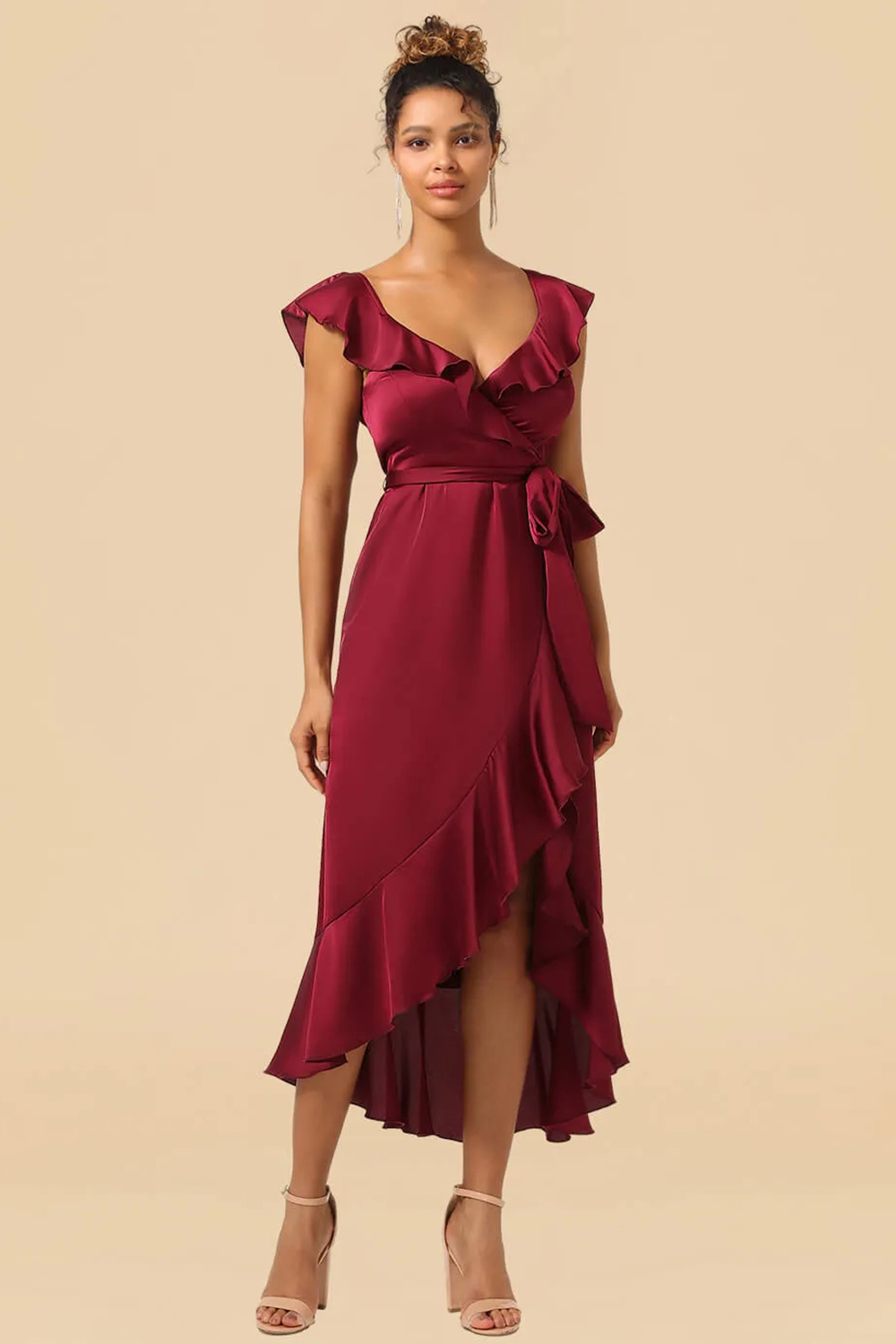 V-neck Ruffles A-line Satin Tea Length Wrap Bridesmaid Dress