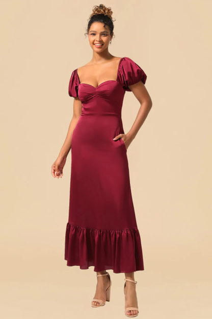 Satin A-line Ankle Length Sweetheart Puff Sleeve Bridesmaid Dress with