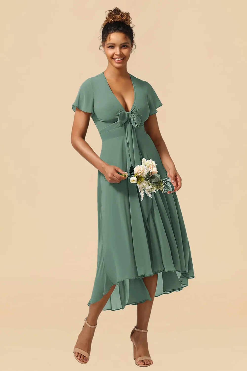 V-neck Cap Sleeve Tea Length High Low Chiffon A-line Bridesmaid Dress