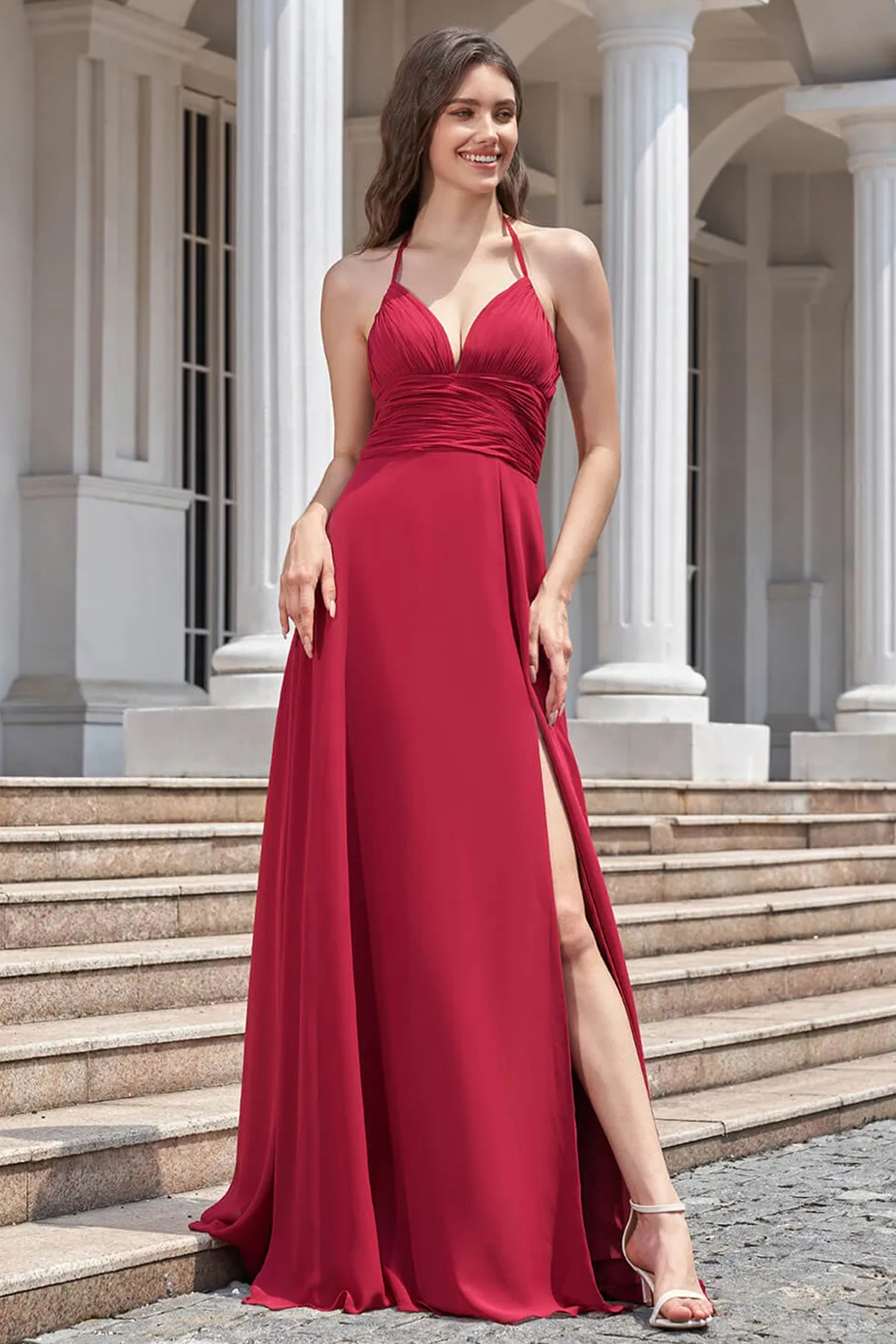 Deep V Halter Neck Pleated A-line Chiffon Long Bridesmaid Dress