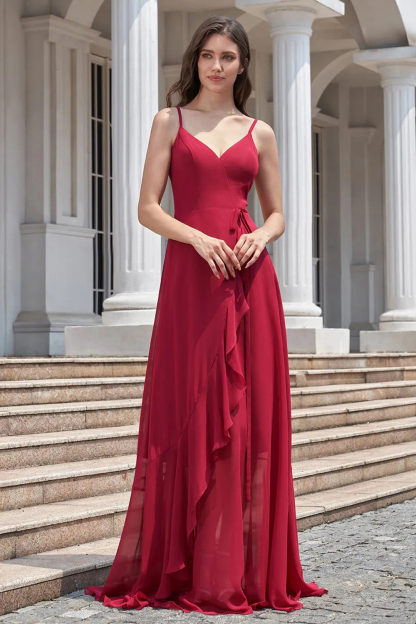 V-neck Spaghetti Strap V-Back Chiffon Floor Length A-line Bridesmaid Dress