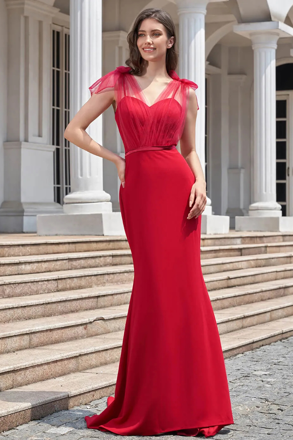 Mermaid Sweep Train Spaghetti Strap Long Crepe Bridesmaid Dress