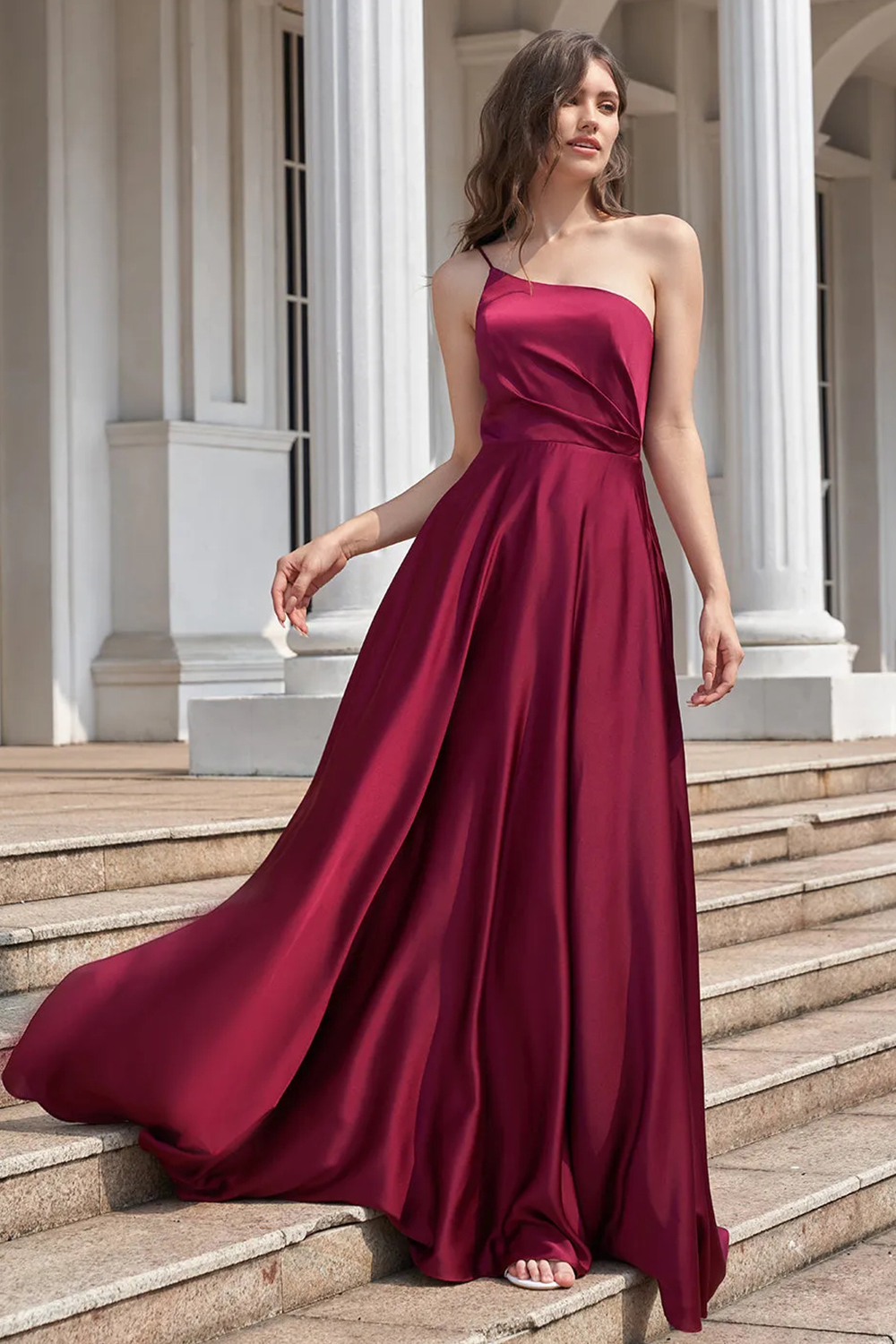 A-line Long One Shoulder Pleated Satin Bridesmaid Dress
