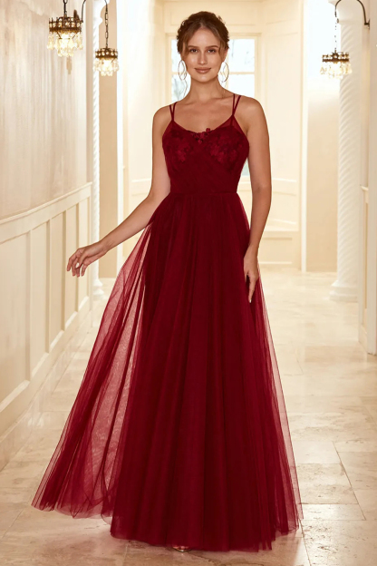 A-line Lace-Up Back Tulle Maxi Bridesmaid Dress Prom Dress