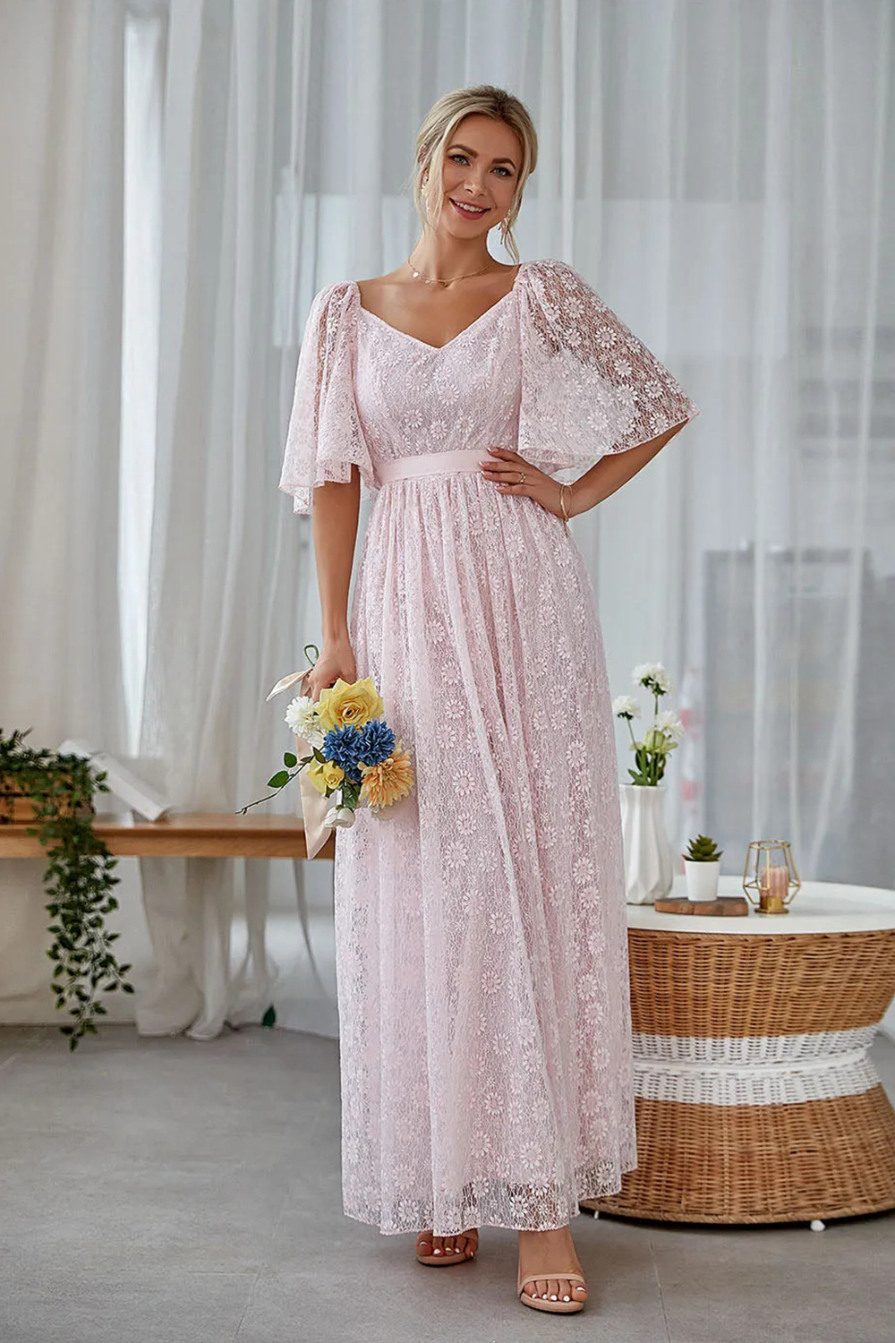 Elegant White Lace A-line Maxi Bridesmaid Dress with Sleeves