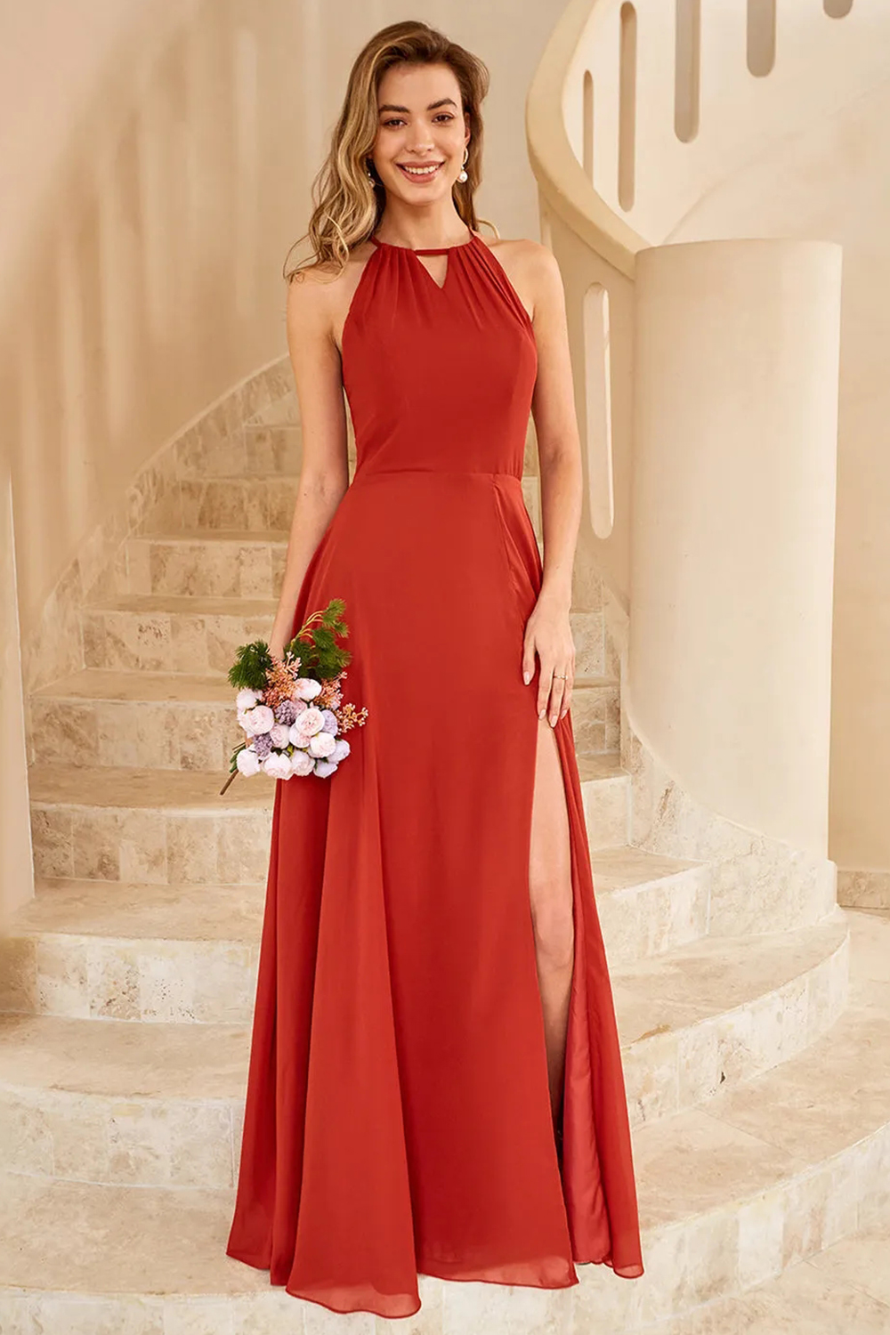 Long Halter Bridesmaid Dress with Split