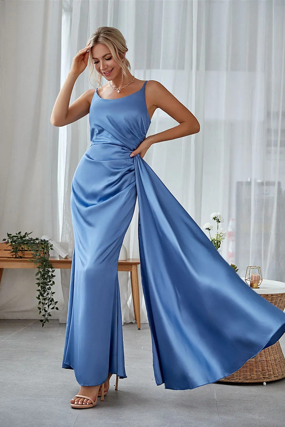 Satin Cowl Neck Long Wedding Party Dress Bridesmaid Dress