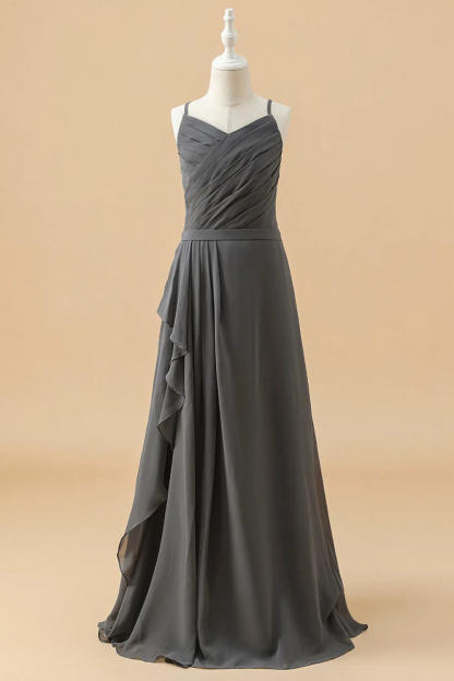 Pleated Strap A-line Chiffon Junior Bridesmaid Dress