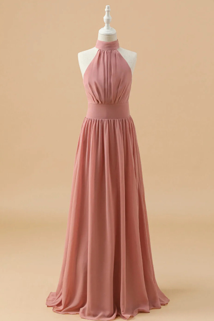 Long A-line Chiffon Halter Neck Junior Bridesmaid Dress
