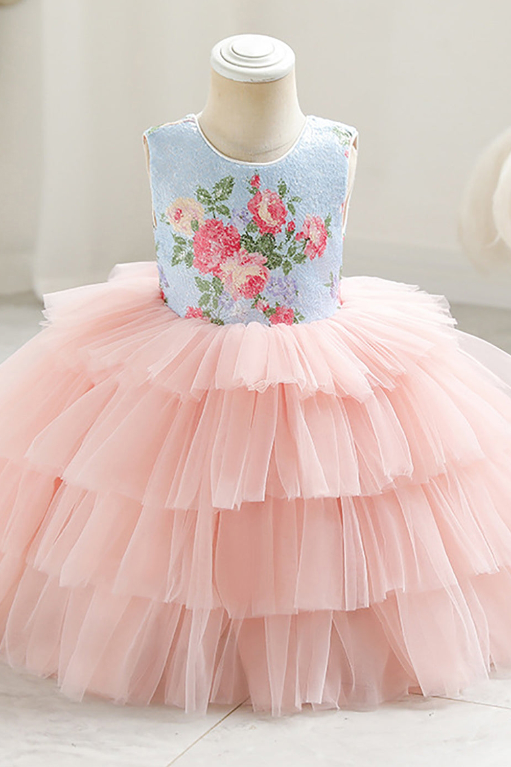Flower Printing V-back Tulle Midi Flower Girl Dress with Bow