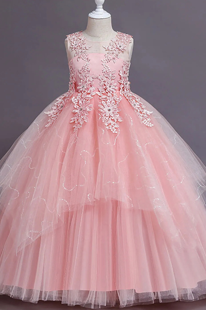 Illusion Neck V-back A-line Tulle Appliques Flower Girl Dress With Bow