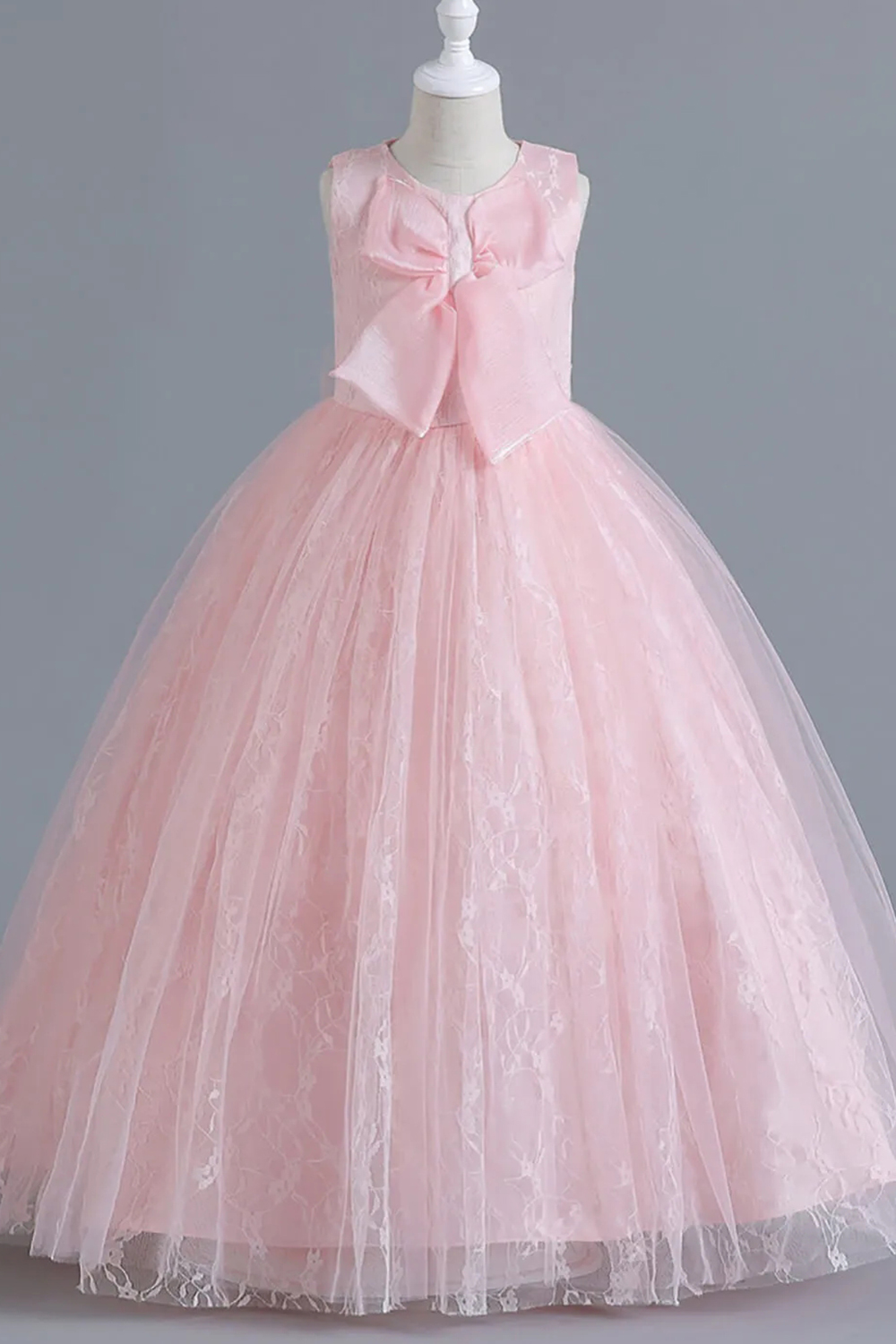 A-line Long Tulle Round Neck Sleeveless Flower Girl Dress With Bow