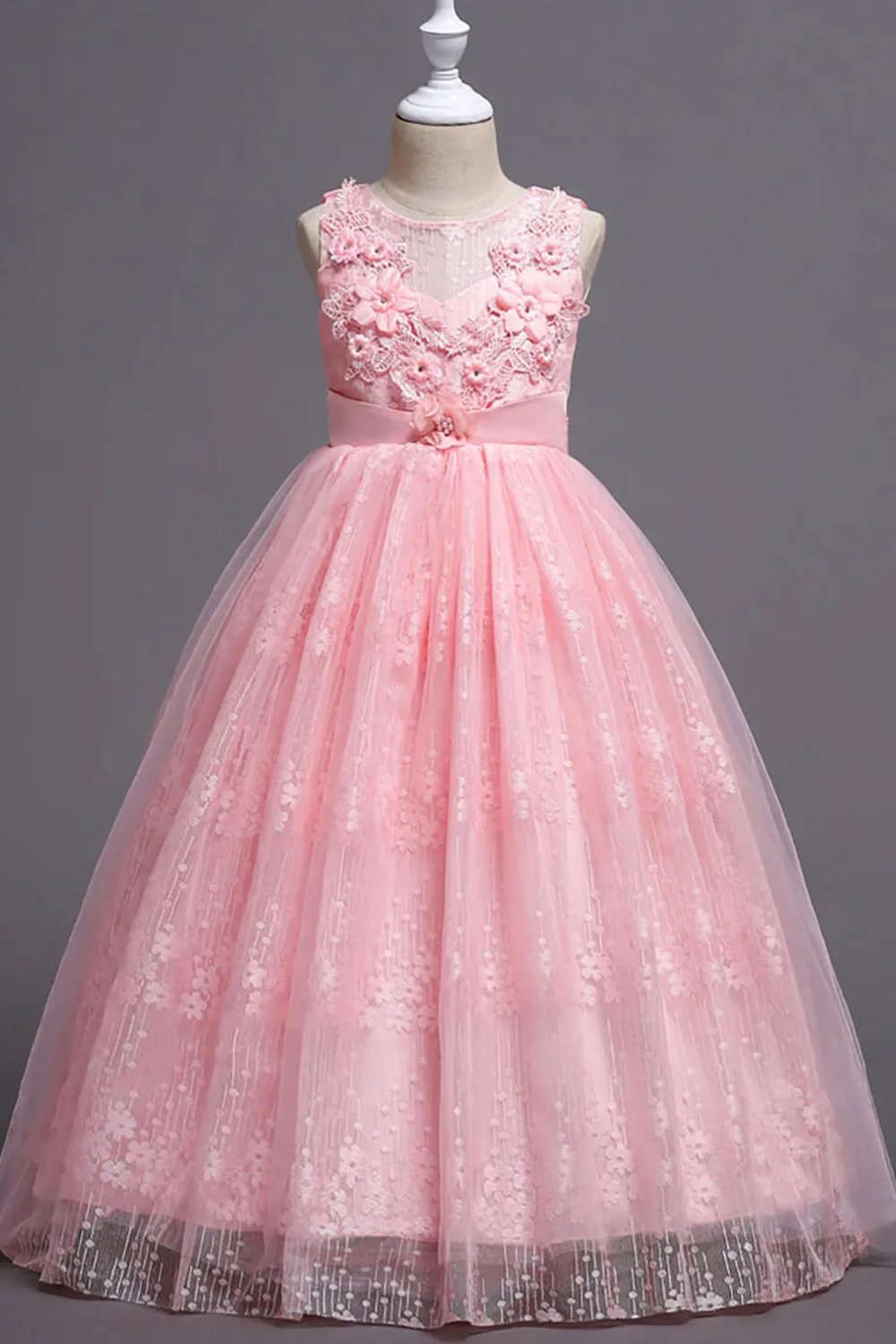 Round Neck A-Line Appliques Tulle Long Flower Girl Dress with Bow