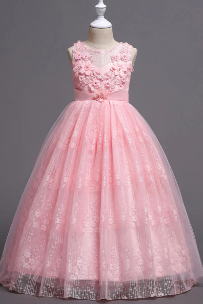Round Neck A-Line Appliques Tulle Long Flower Girl Dress with Bow