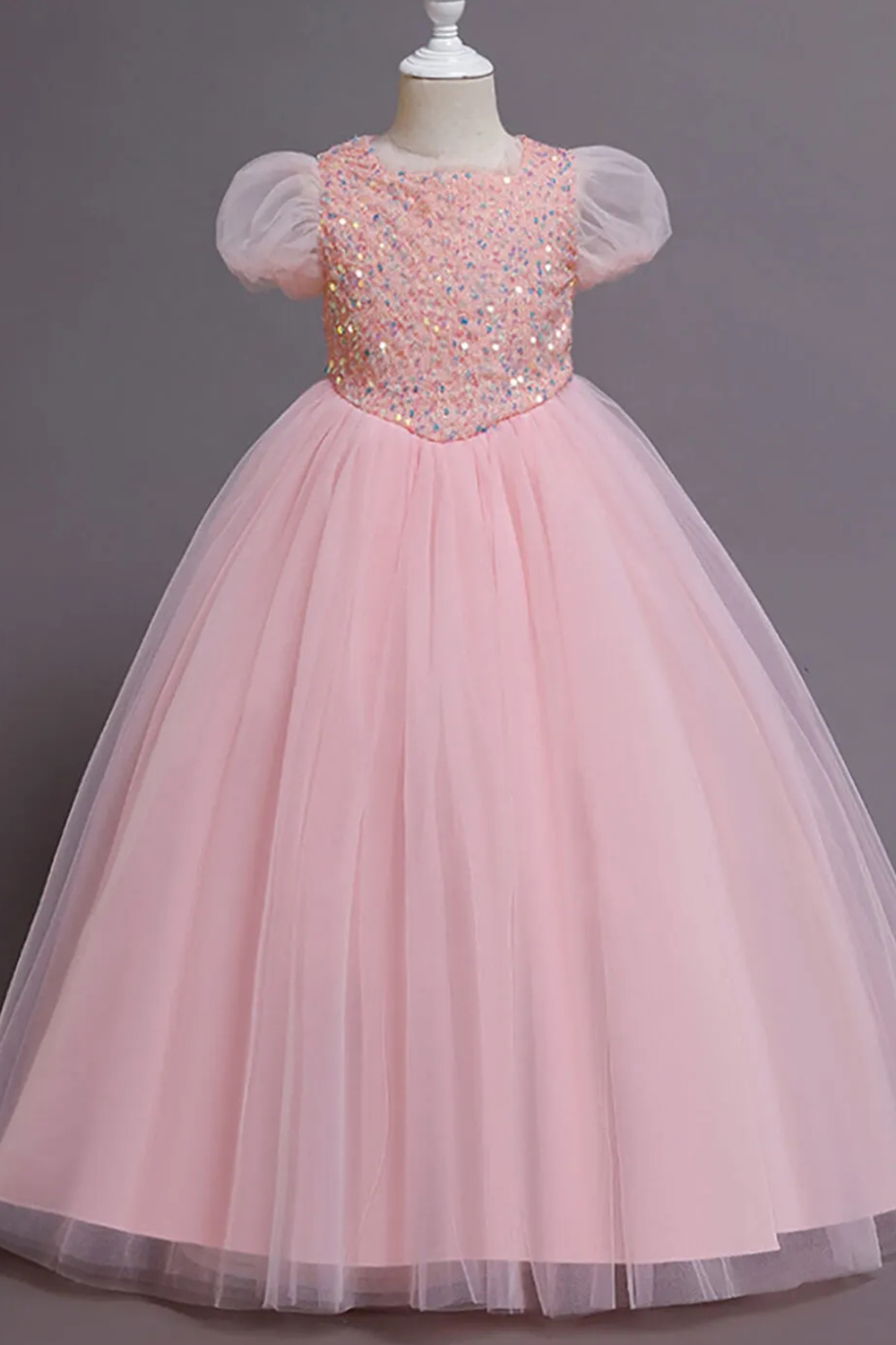 Round Neck Puff Sleeve Tulle Princess Flower Girl Dress