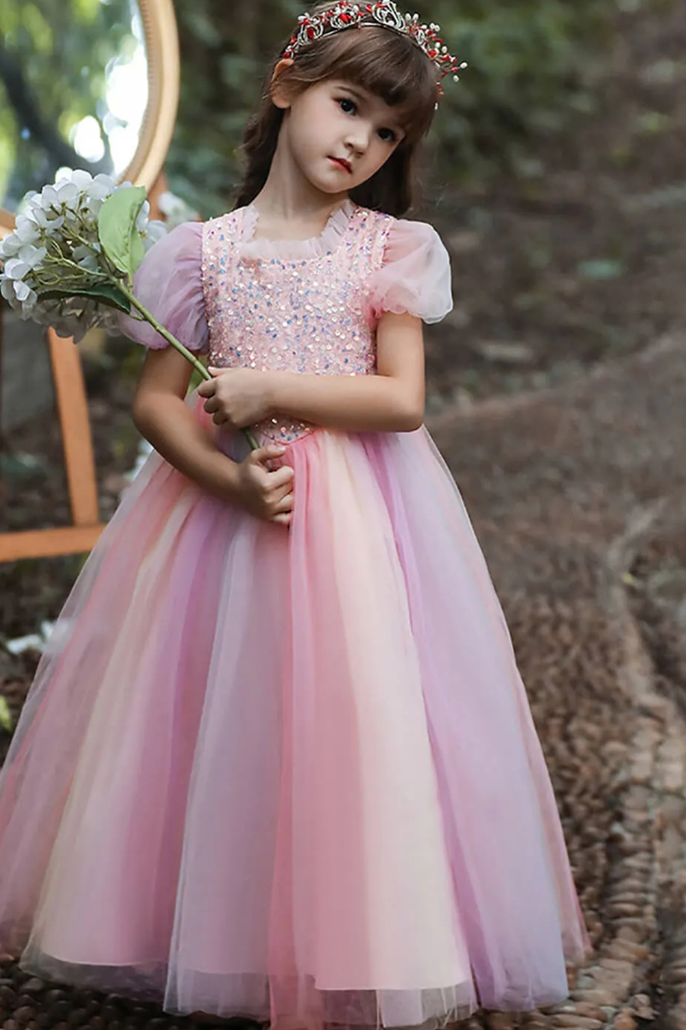 Pink Gradient Round Neck Sequin Tulle Princess Flower Girl Dress