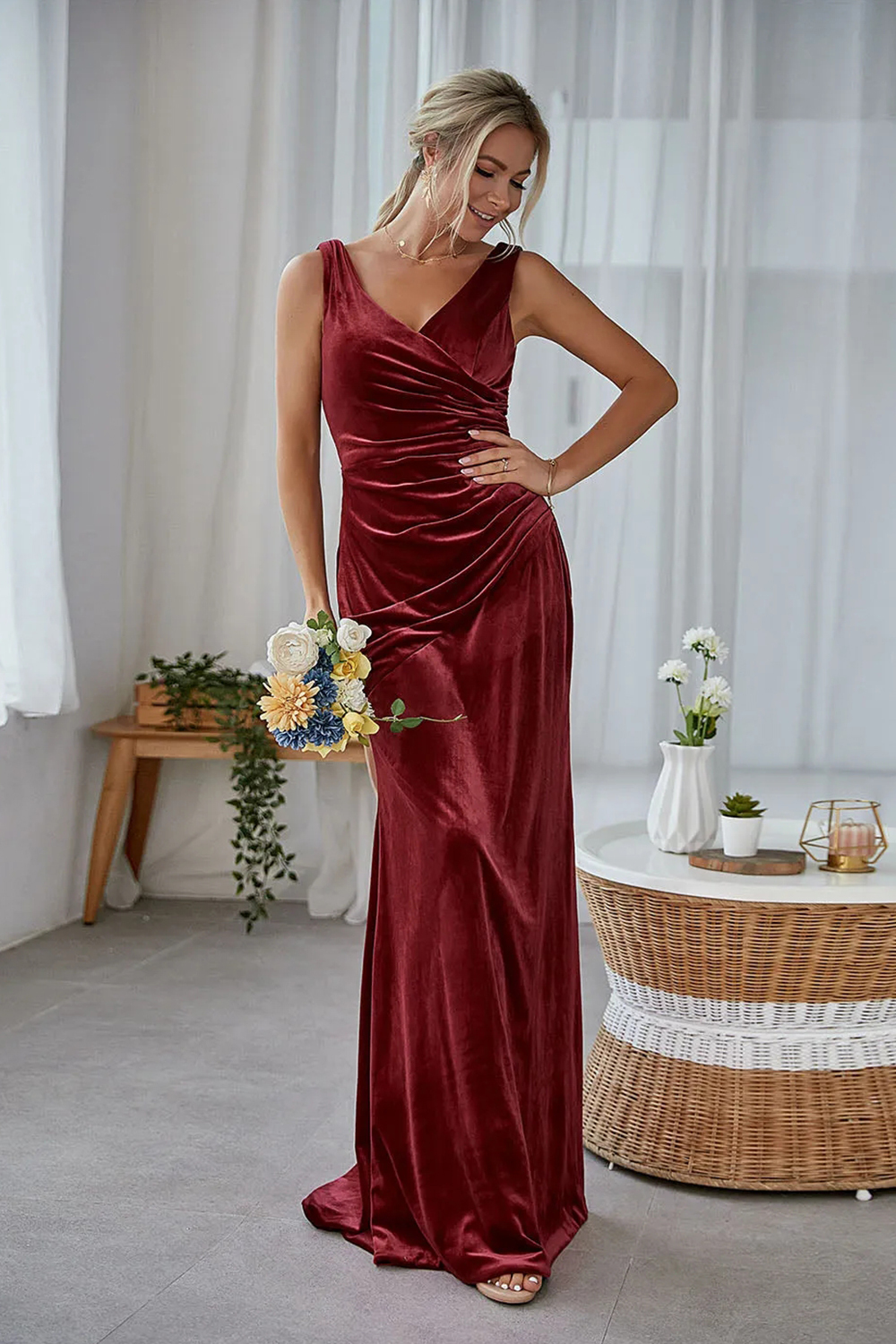Sheath Long Velvet Bridesmaid Dress
