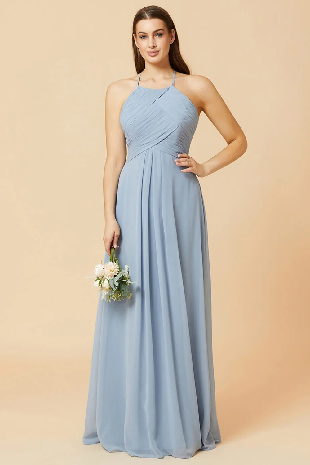 Halter Neck Pleated Chiffon Bridesmaid Dress