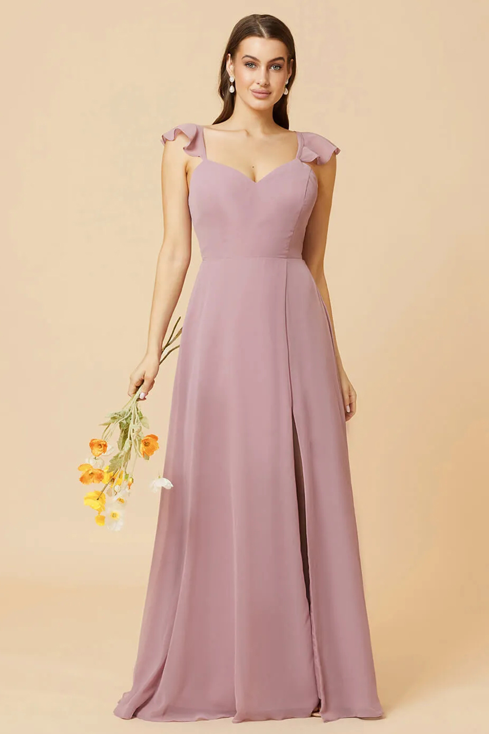 V-neck Tie Back Strap A-line Chiffon Bridesmaid Dress