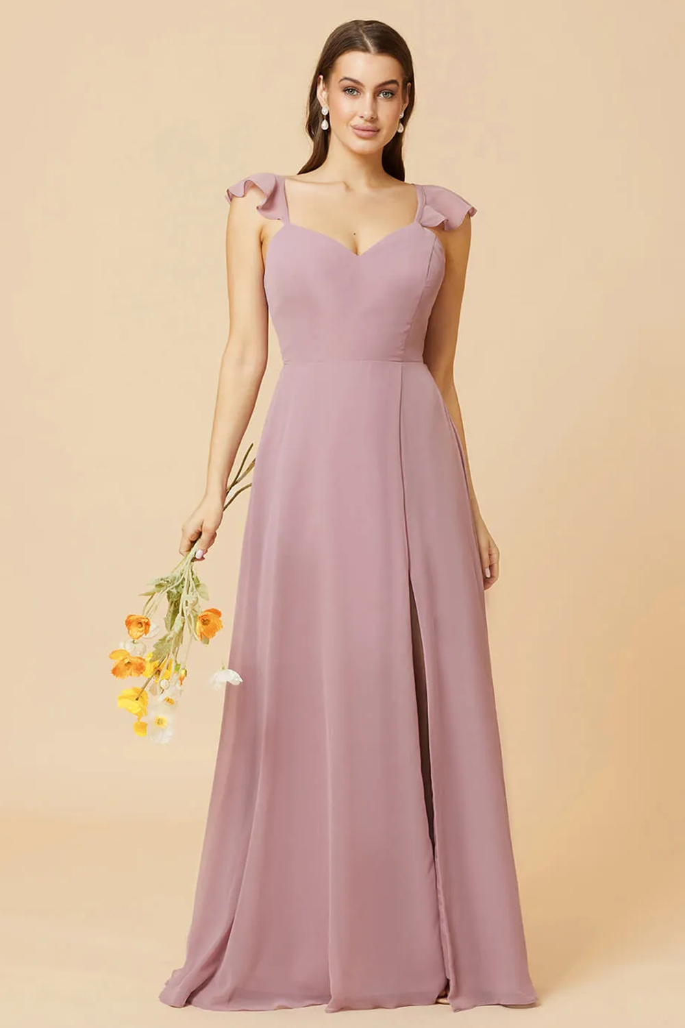 V-neck Tie Back Strap A-line Chiffon Floor Length Bridesmaid Dress