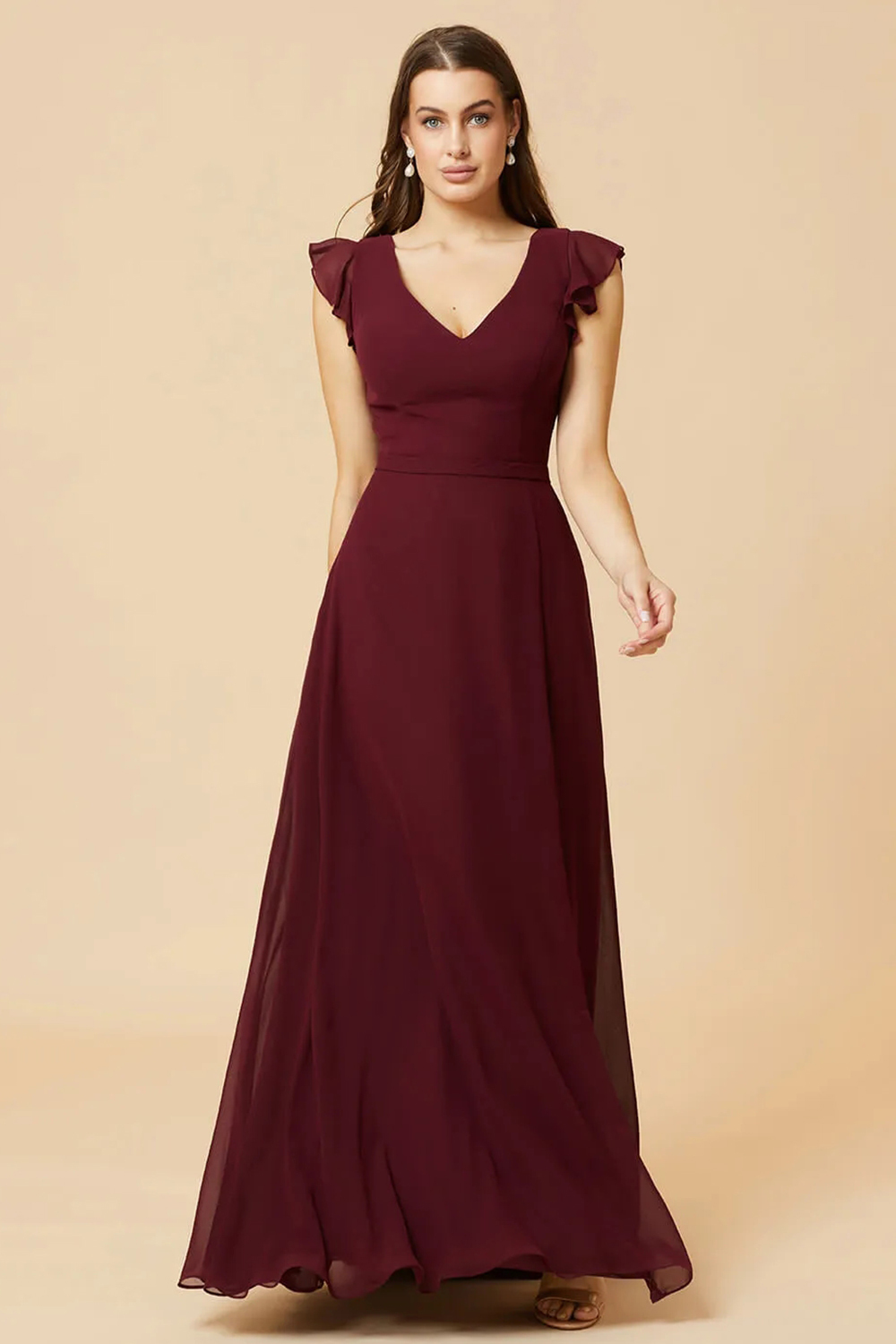 V-neck V-back A-line Cap Sleeve Chiffon Floor Length Bridesmaid Dress