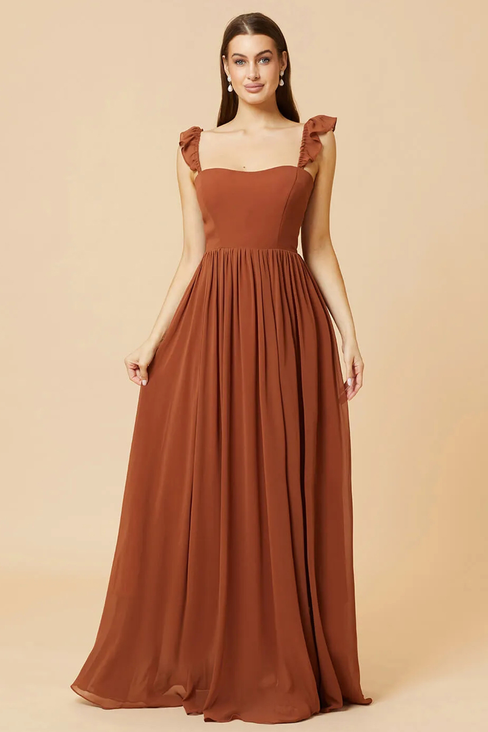 Square Neck A-line Chiffon Long Bridesmaid Dress