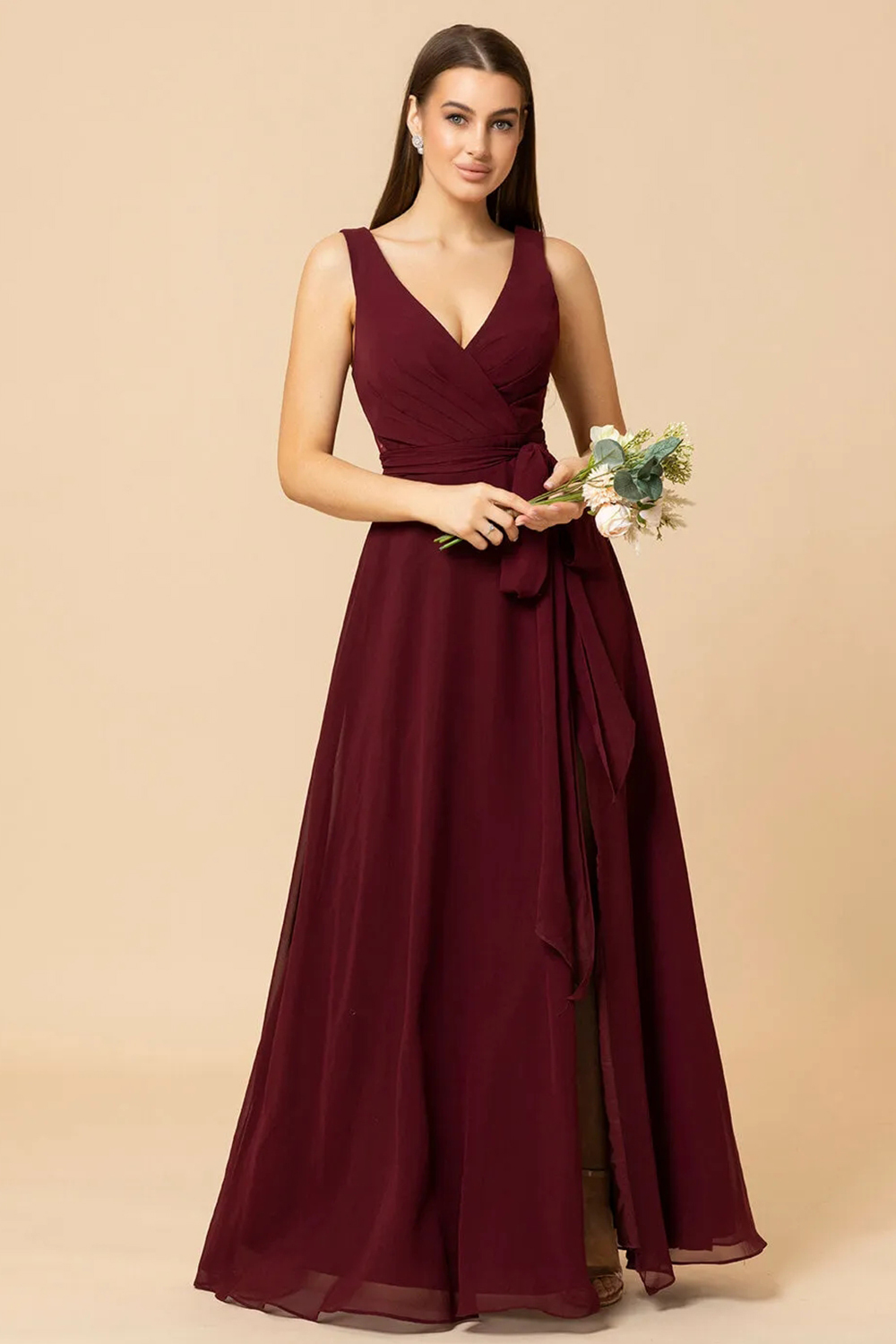 V-neck Open Back A-line Chiffon Bridesmaid Dress with Slit