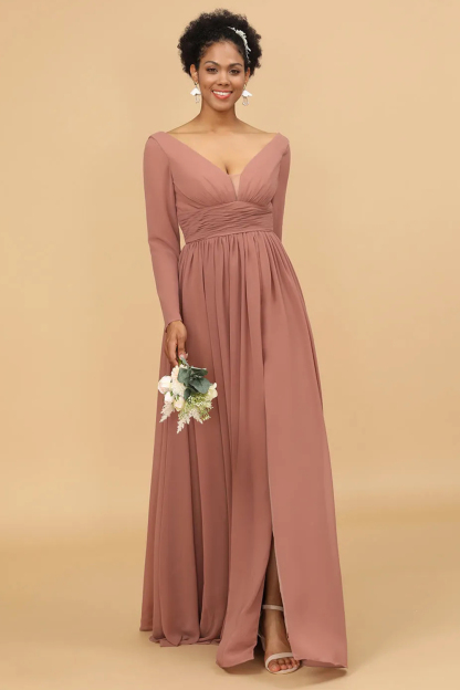 Long Sleeves V-neck V-back A-line Chiffon Maxi Bridesmaid Dress