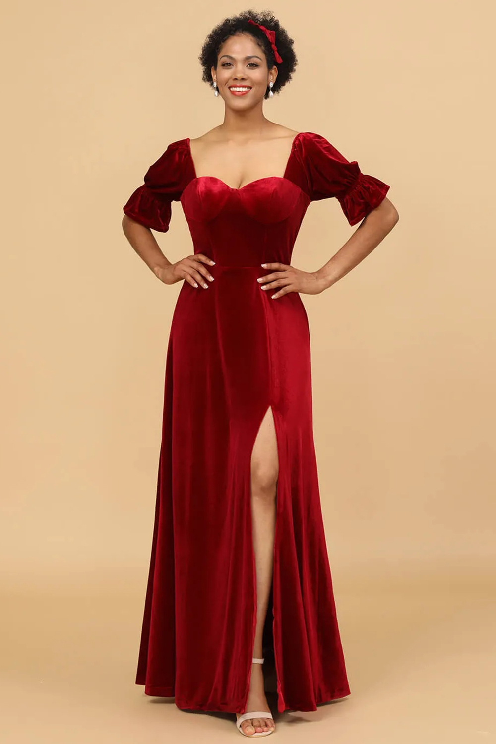 Short Sleeves A-line Open Back Velvet Maxi Bridesmaid Dress with Sllit