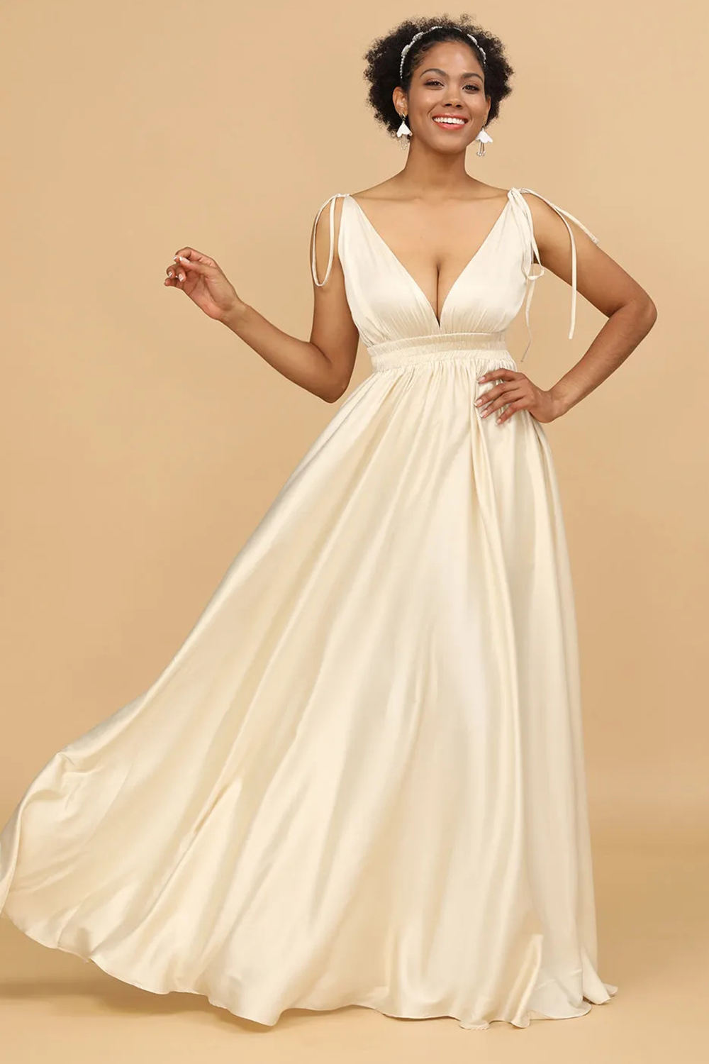 A-line Deep V-neck Strap Satin Bridesmaid Dress