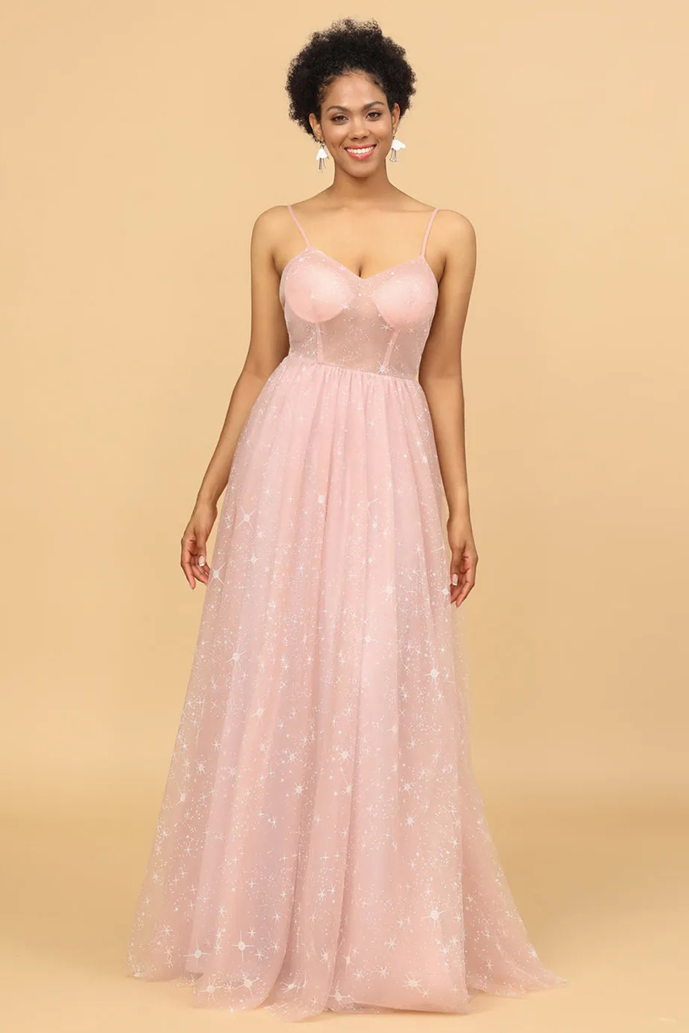 Open Back V-neck A-line Spaghetti Strap Tulle Maxi Bridesmaid Dress