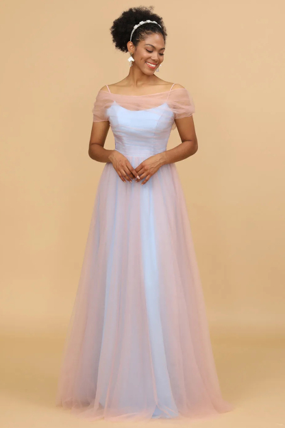 Long Tulle Scoop Neck Straps A-line Bridesmaid Dress