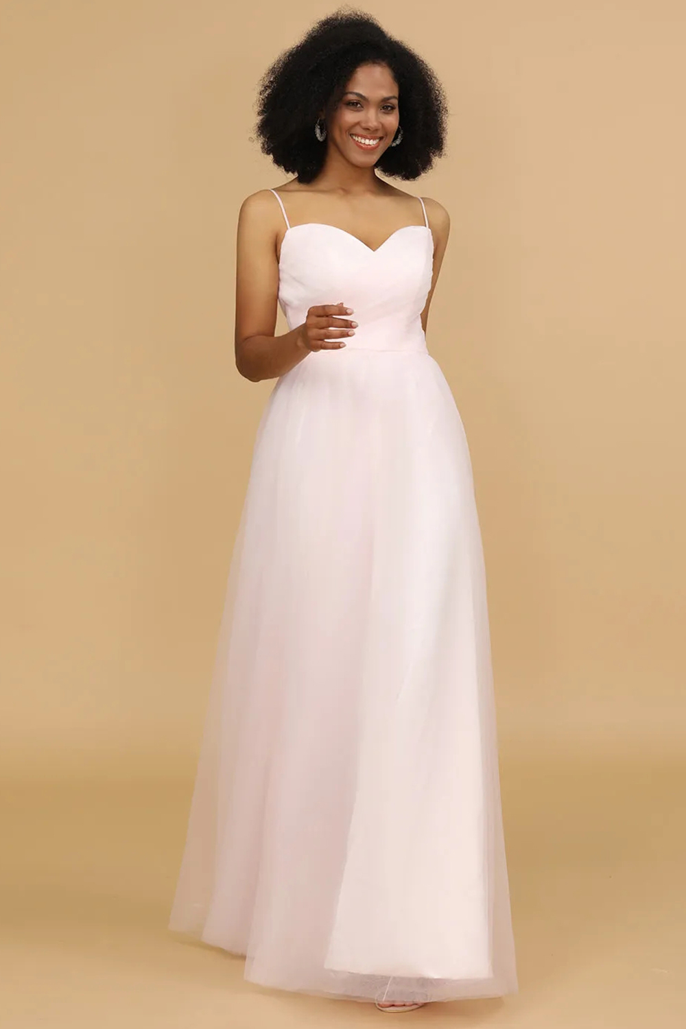 A-line Sweetheart Neck V-back Long Tulle Spaghetti Strap Bridesmaid Dress