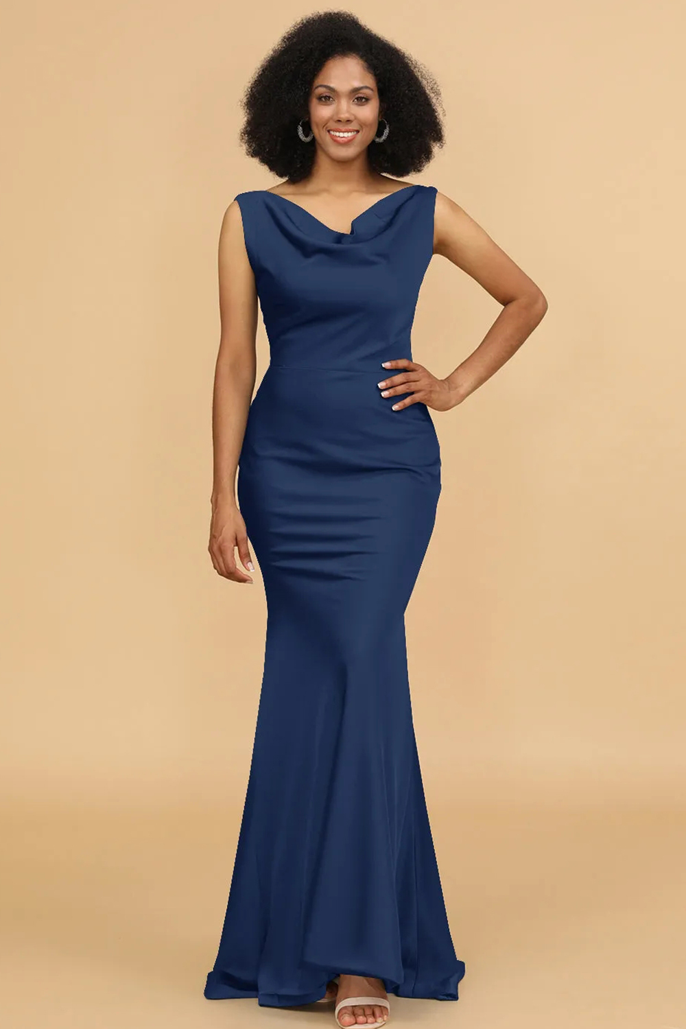 Cowl Neck Trumpet Satin Bow Tie Back Maxi Bridesmaid Dress